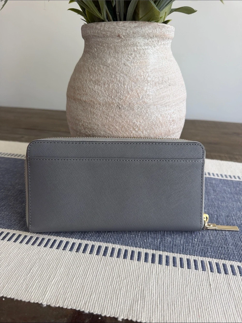 Kate Spade Two-Tone Gray Zip Around Wallet with Gold Hardware